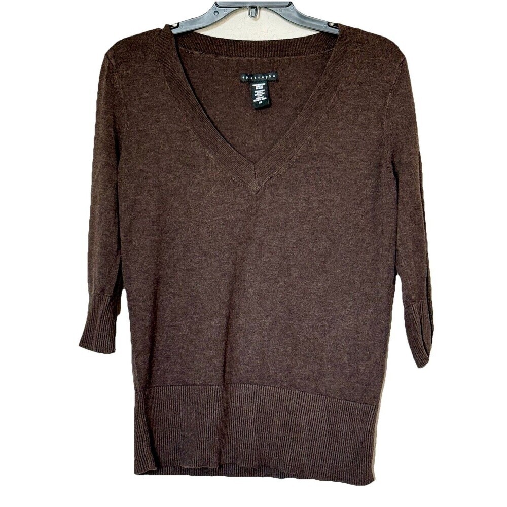 Apostrophe  Brown Sweater Large Rayon Nylon Blend V-Neck  3/4 Sleeves